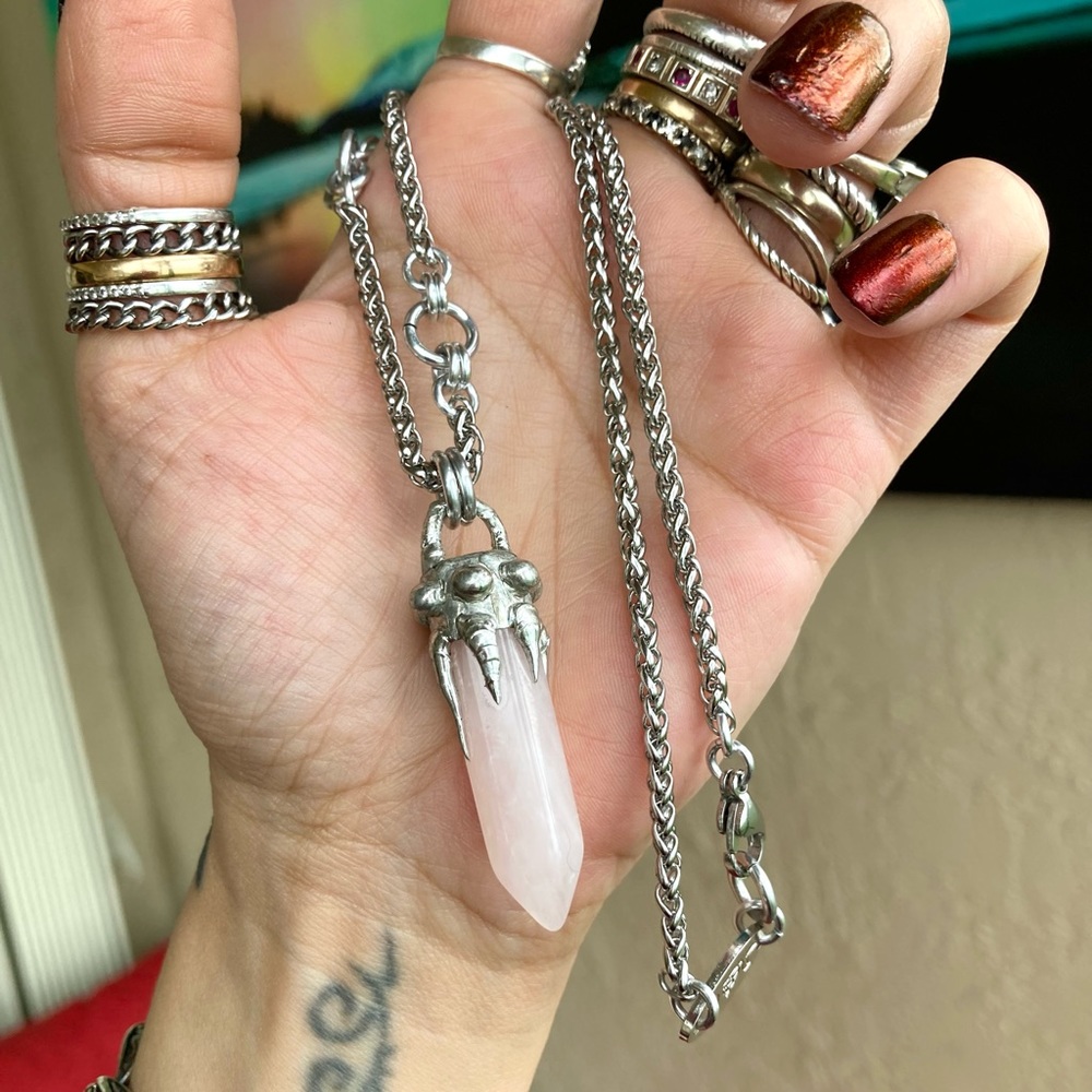 Natural Rose quartz crystal gemstone boho goth stone  charm necklace - Picture 13 of 14